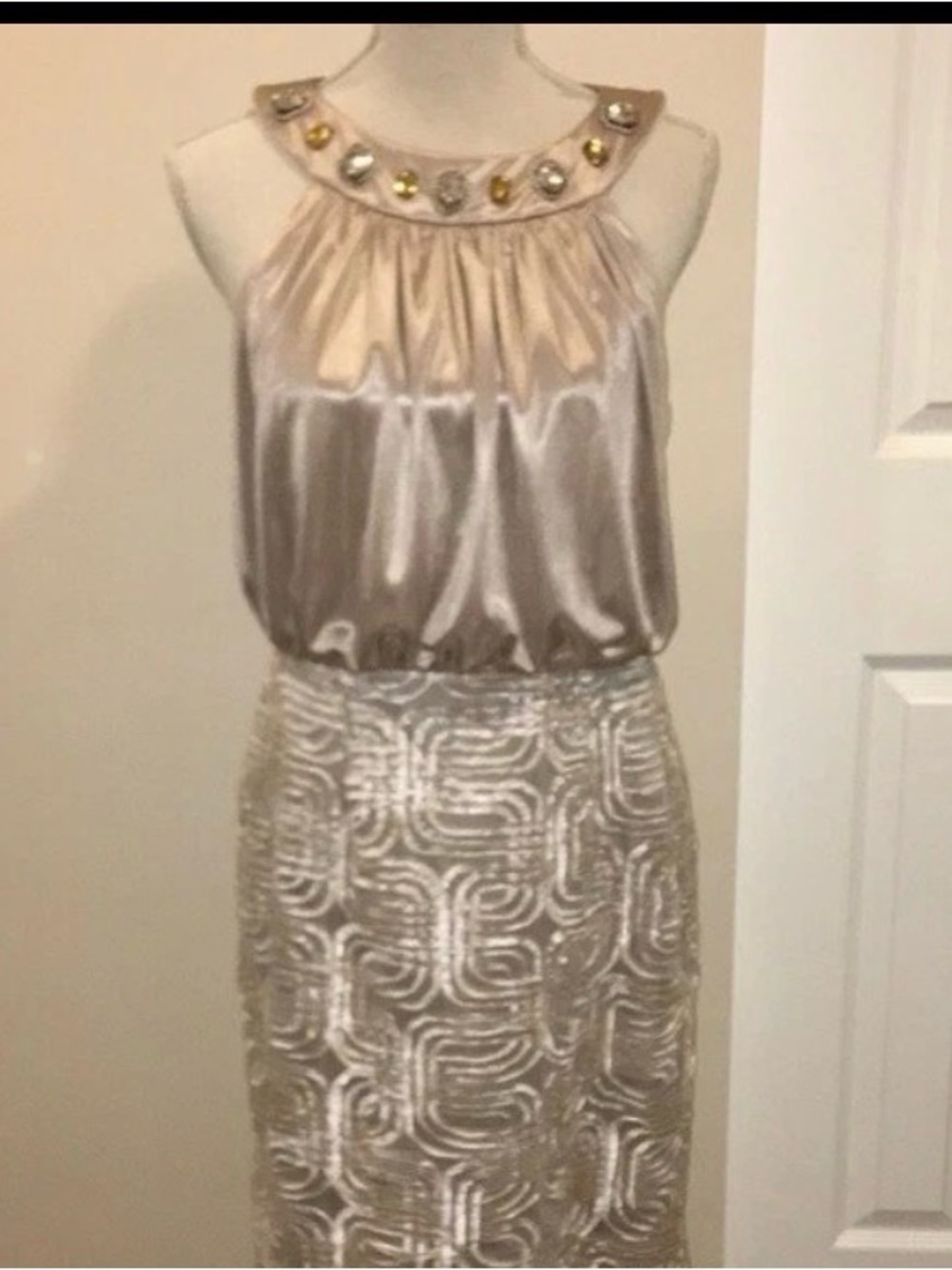 Jessica Howard Satin Evening Dress in Champagne and Black Trim